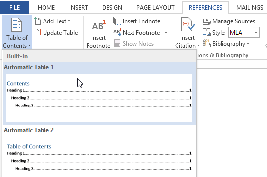 how create table of contents in word